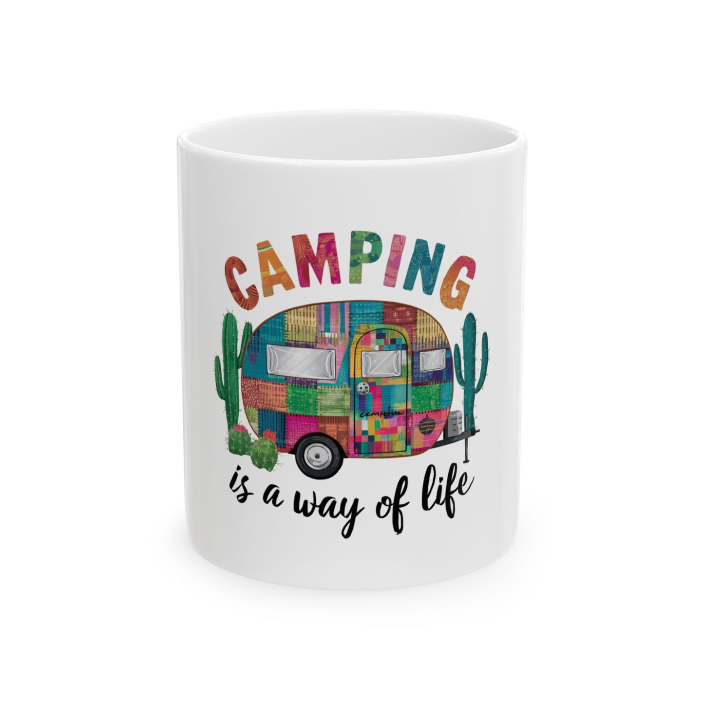 White mug with colorful patchwork camper and "Camping is a way of life" text.