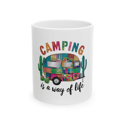 White mug with colorful patchwork camper and "Camping is a way of life" text.