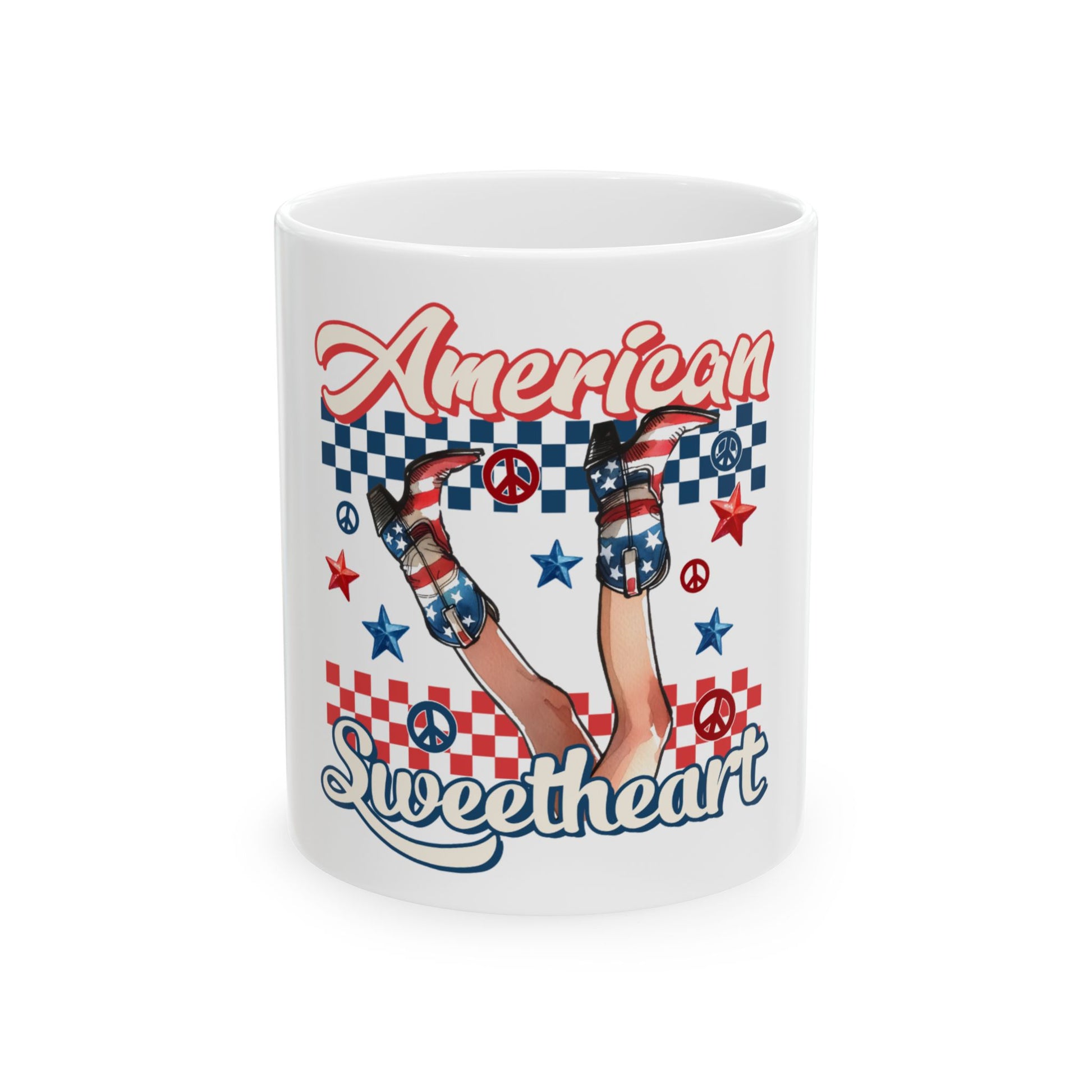 White mug with "American Sweetheart" and patriotic cowboy boots design.
