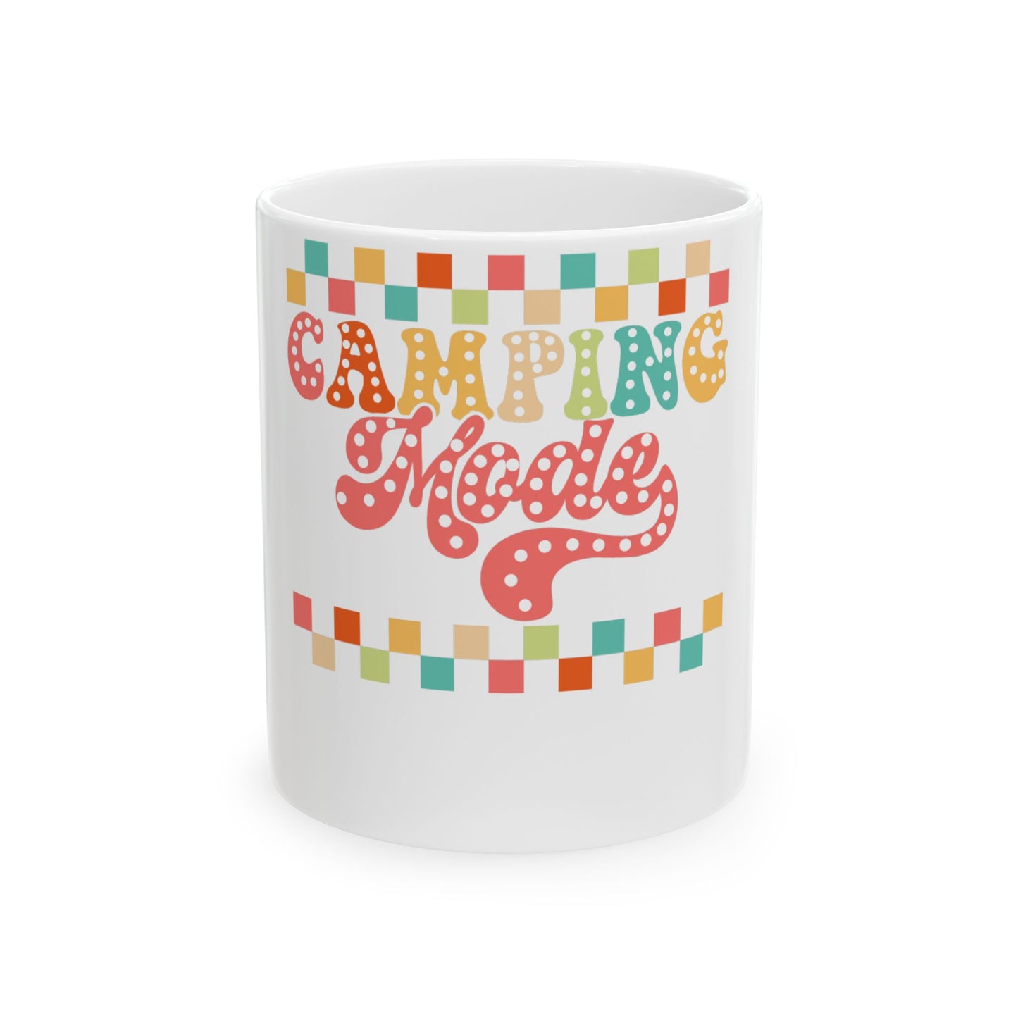 White mug with "Camping Mode" in colorful retro lettering.