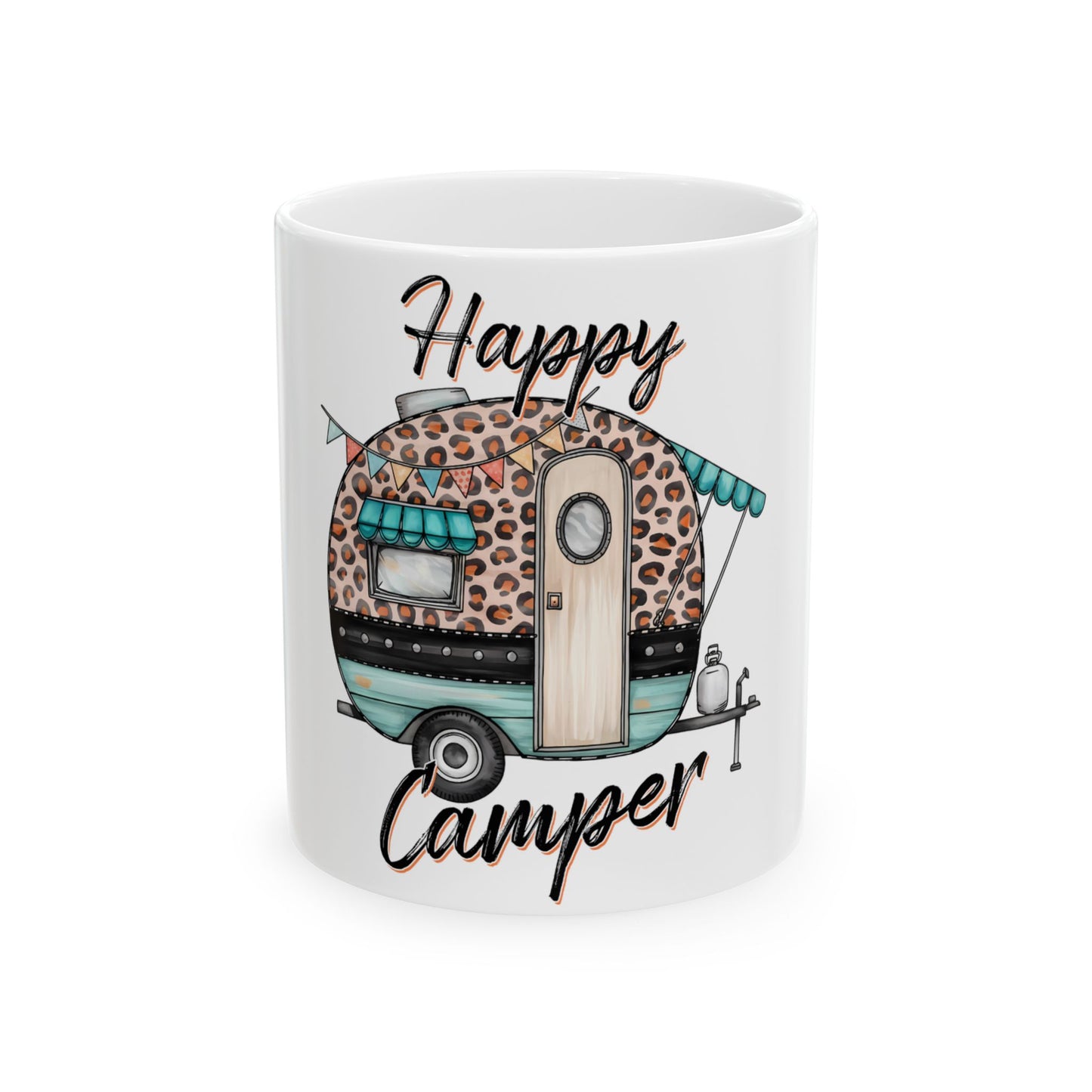 White mug with leopard print camper and "Happy Camper" text.
