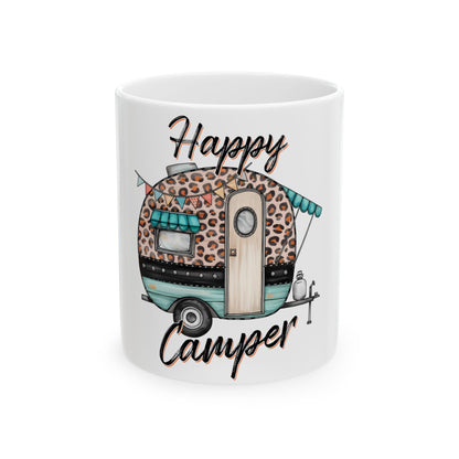 White mug with leopard print camper and "Happy Camper" text.
