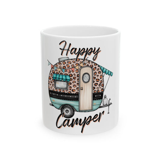 White mug with leopard print camper and "Happy Camper" text.