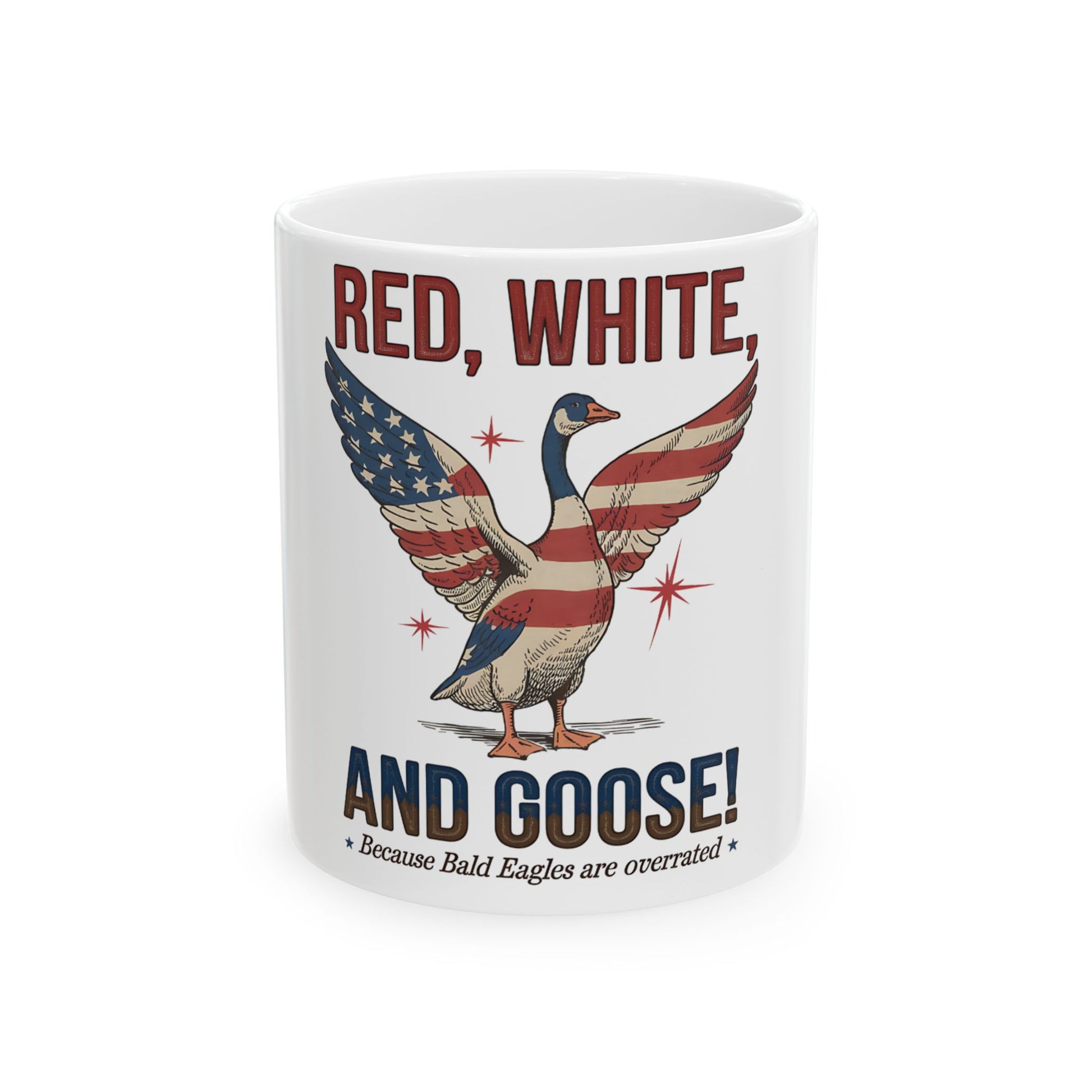 White mug with patriotic goose and text RED, WHITE, AND GOOSE!