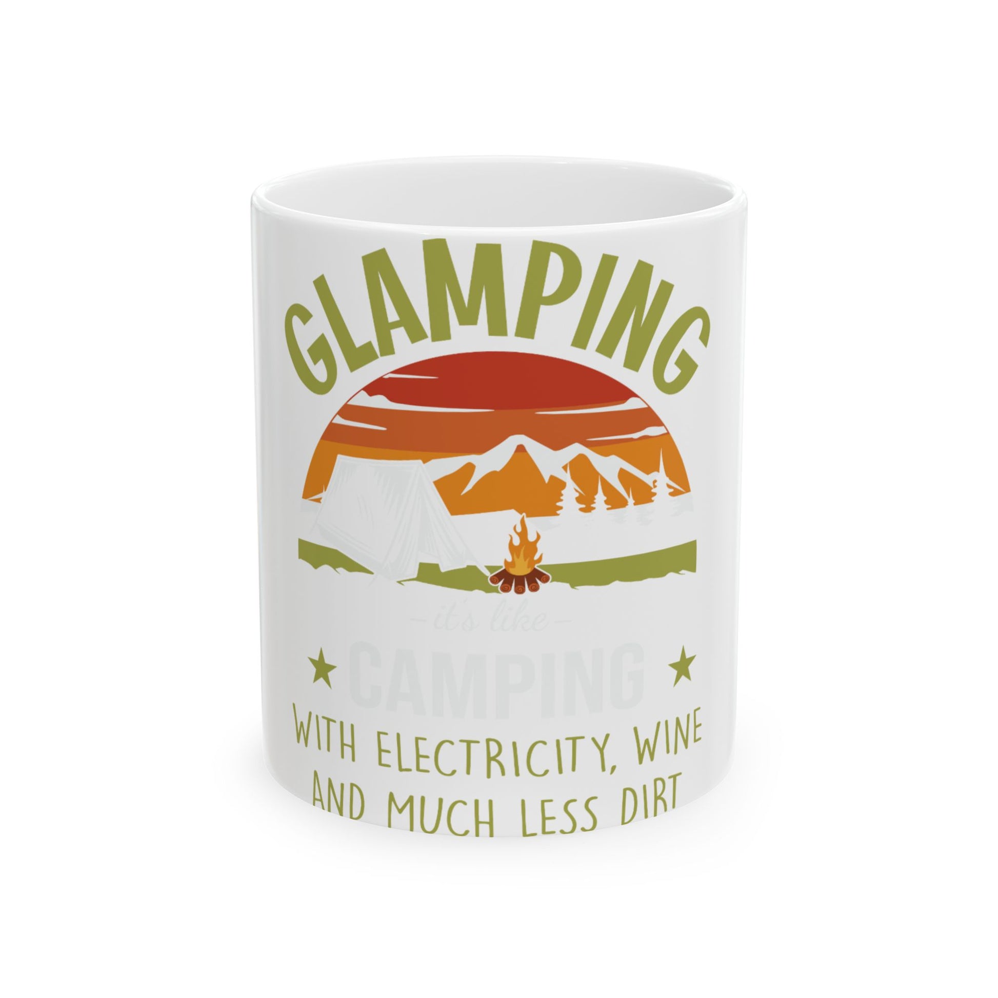 White mug with "Glamping with electricity, wine and much less dirt" text.