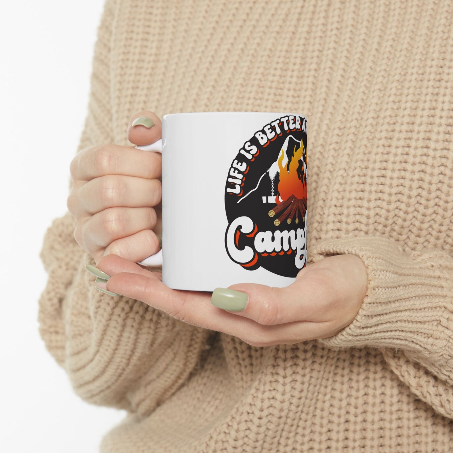 White mug with "Life is Better Camping" text and a campfire graphic.