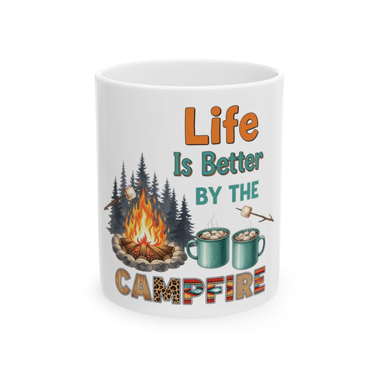 Mug with "Life is Better By The Campfire" text and campfire illustration.