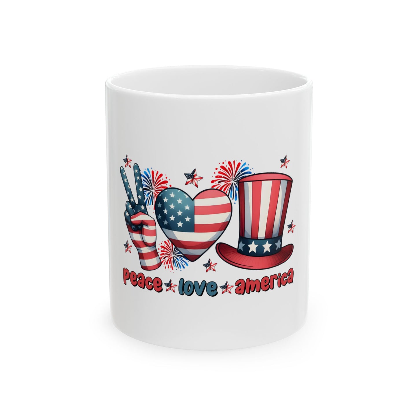 White mug with "peace love america" and patriotic symbols.