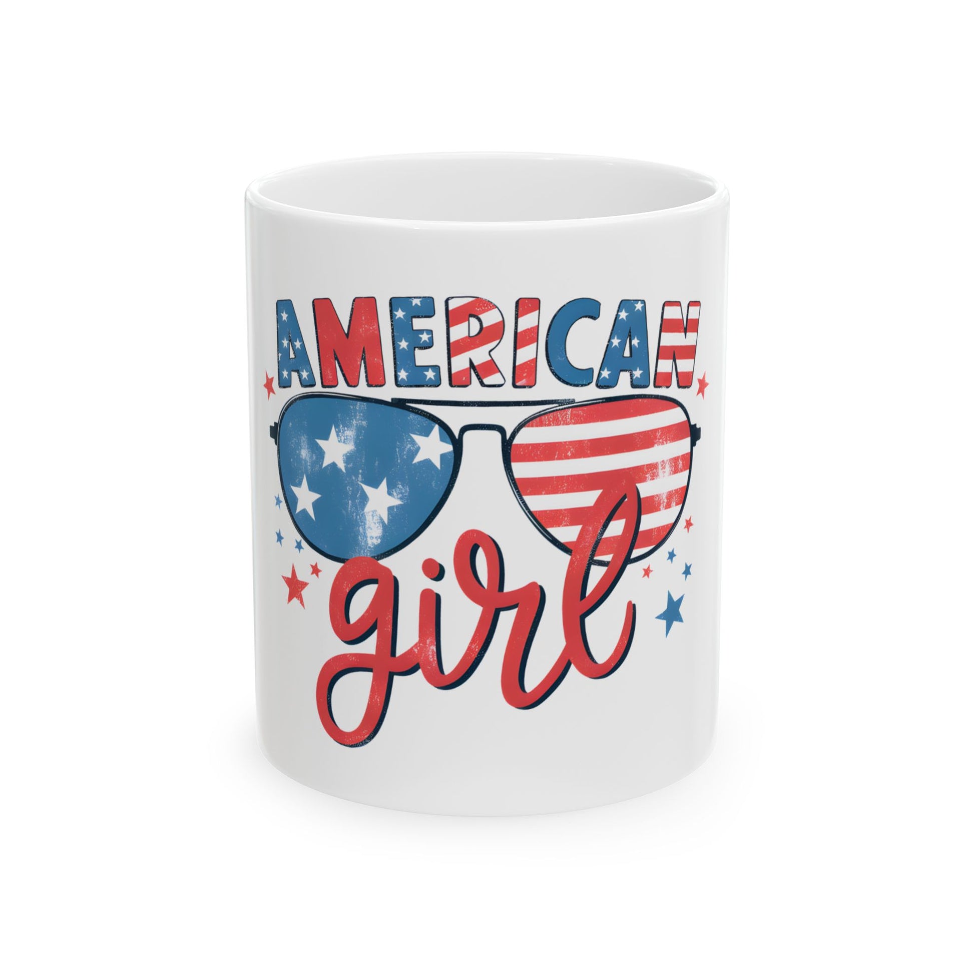 White mug with "AMERICAN GIRL" text and patriotic sunglasses design.