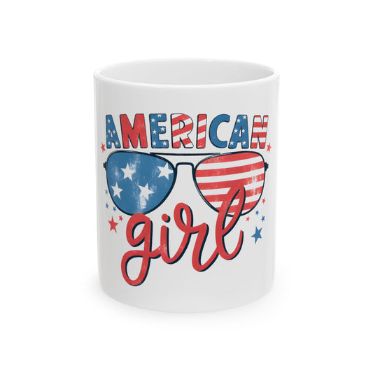 White mug with "AMERICAN GIRL" text and patriotic sunglasses design.