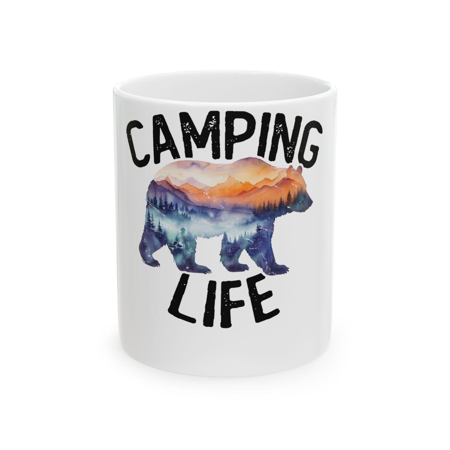 White mug with a bear silhouette filled with a mountain landscape and text "CAMPING LIFE".