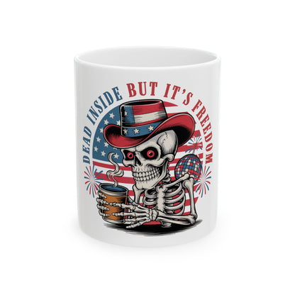 Skeleton in cowboy hat holding coffee mug with "Dead Inside But It's Freedom" text.