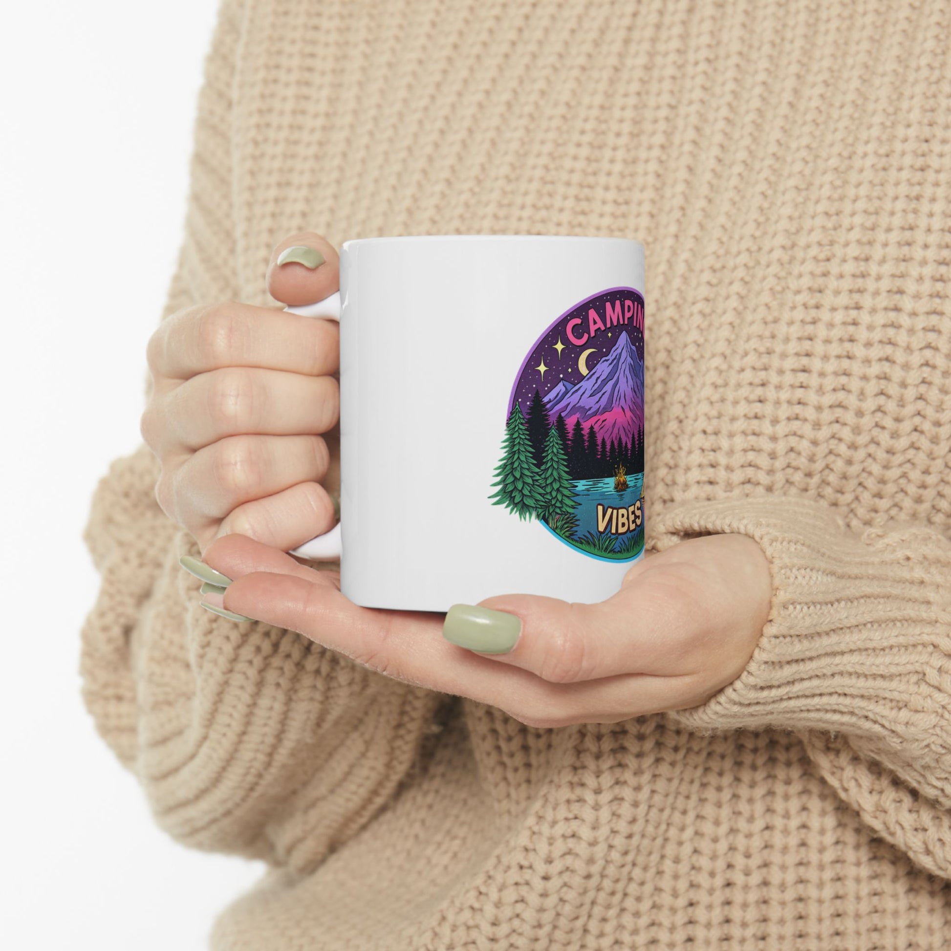 White mug with "Camping Vibes" and mountain landscape graphic.