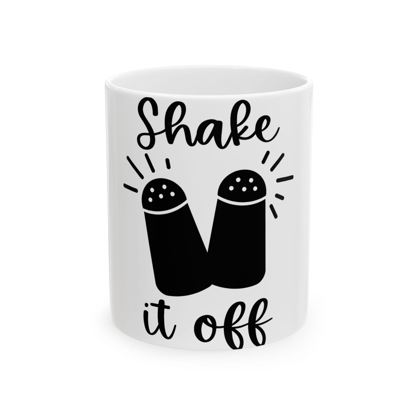 White mug with "Shake it off" and salt and pepper shakers illustration.