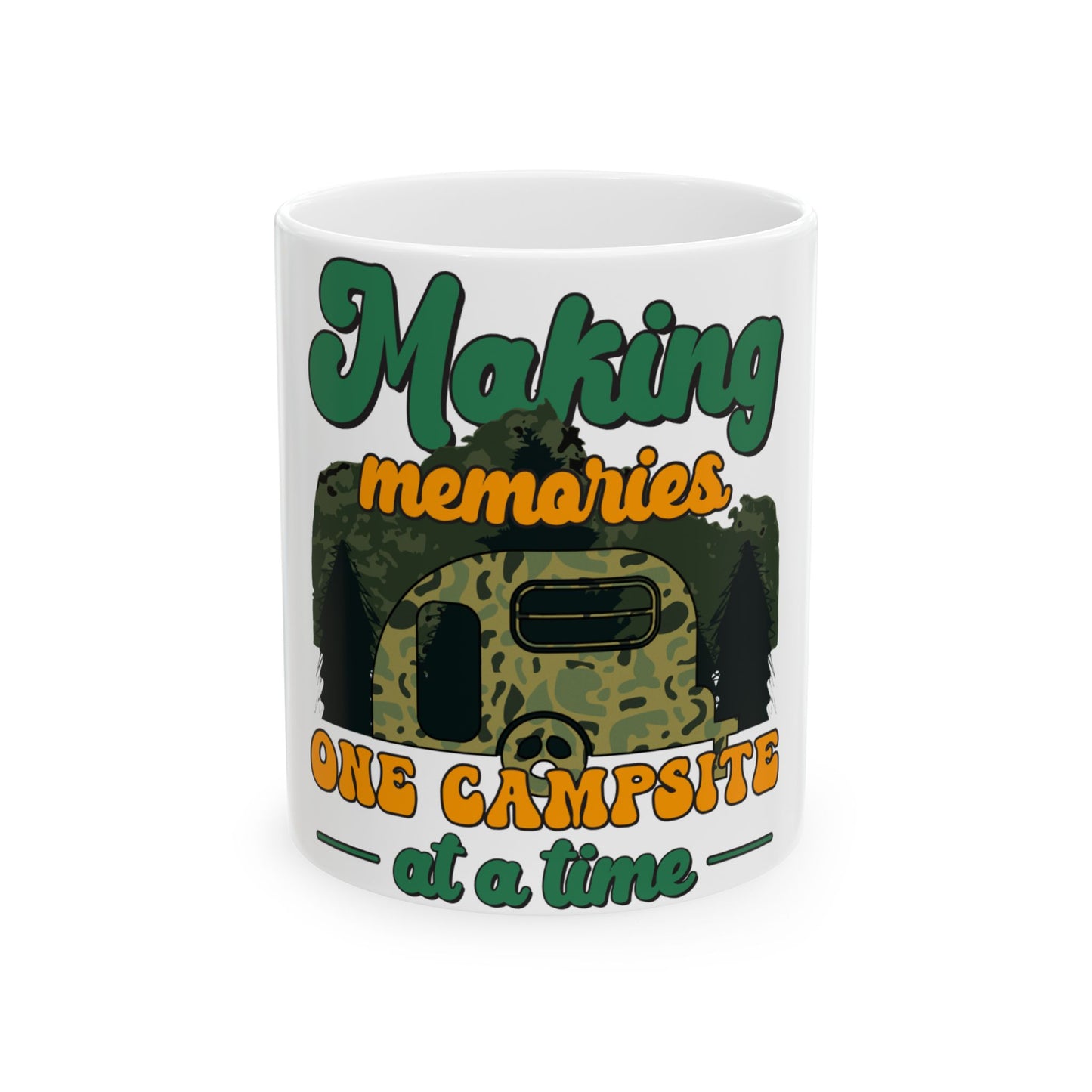 White mug with "Making memories one campsite at a time" text and a camper.