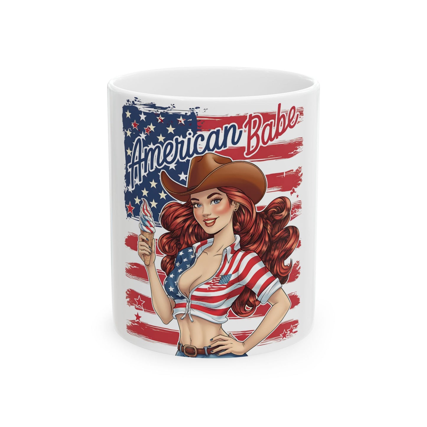 Woman in American flag outfit and cowboy hat holding ice cream, text "American Babe".