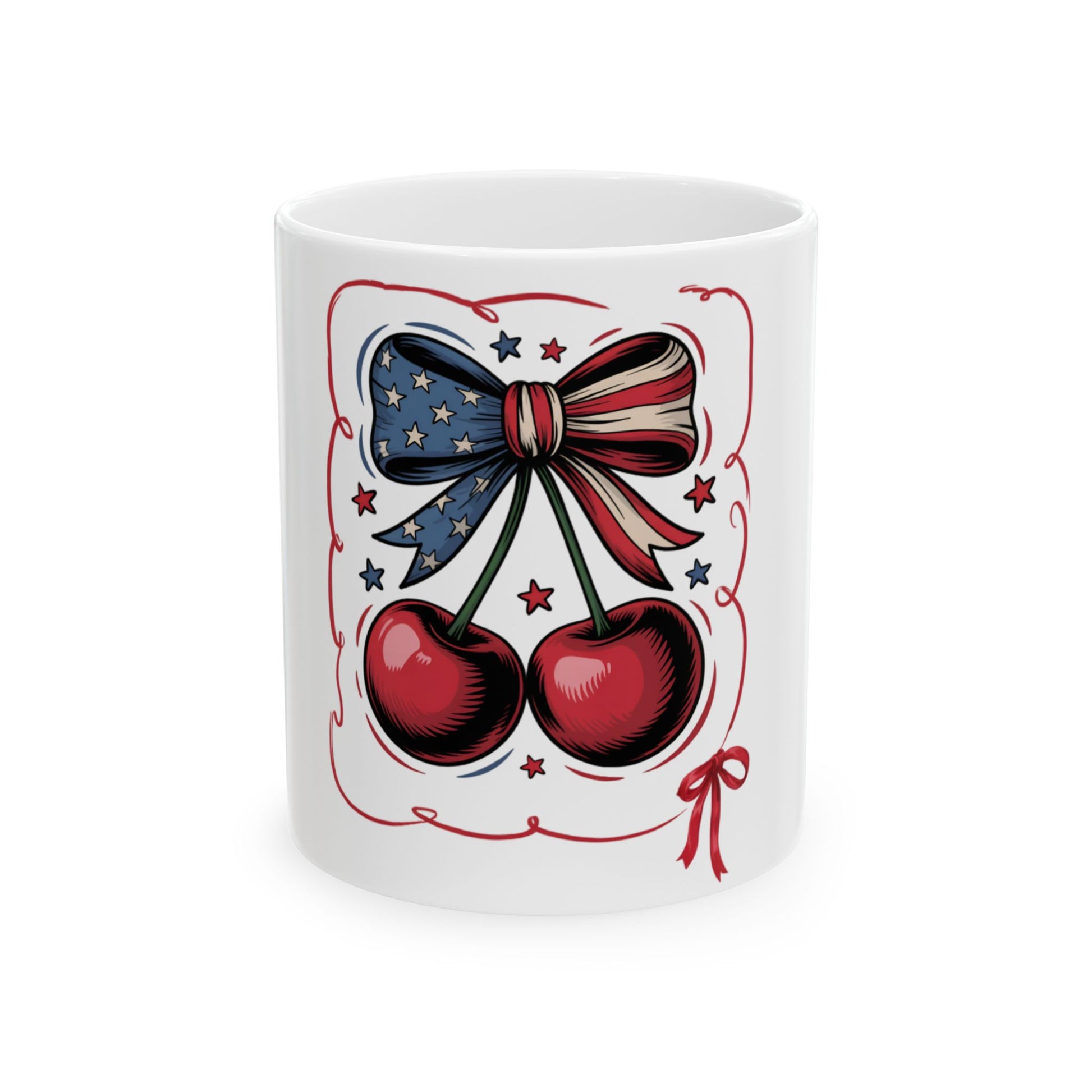 Red cherries with a US flag ribbon bow on a white mug.