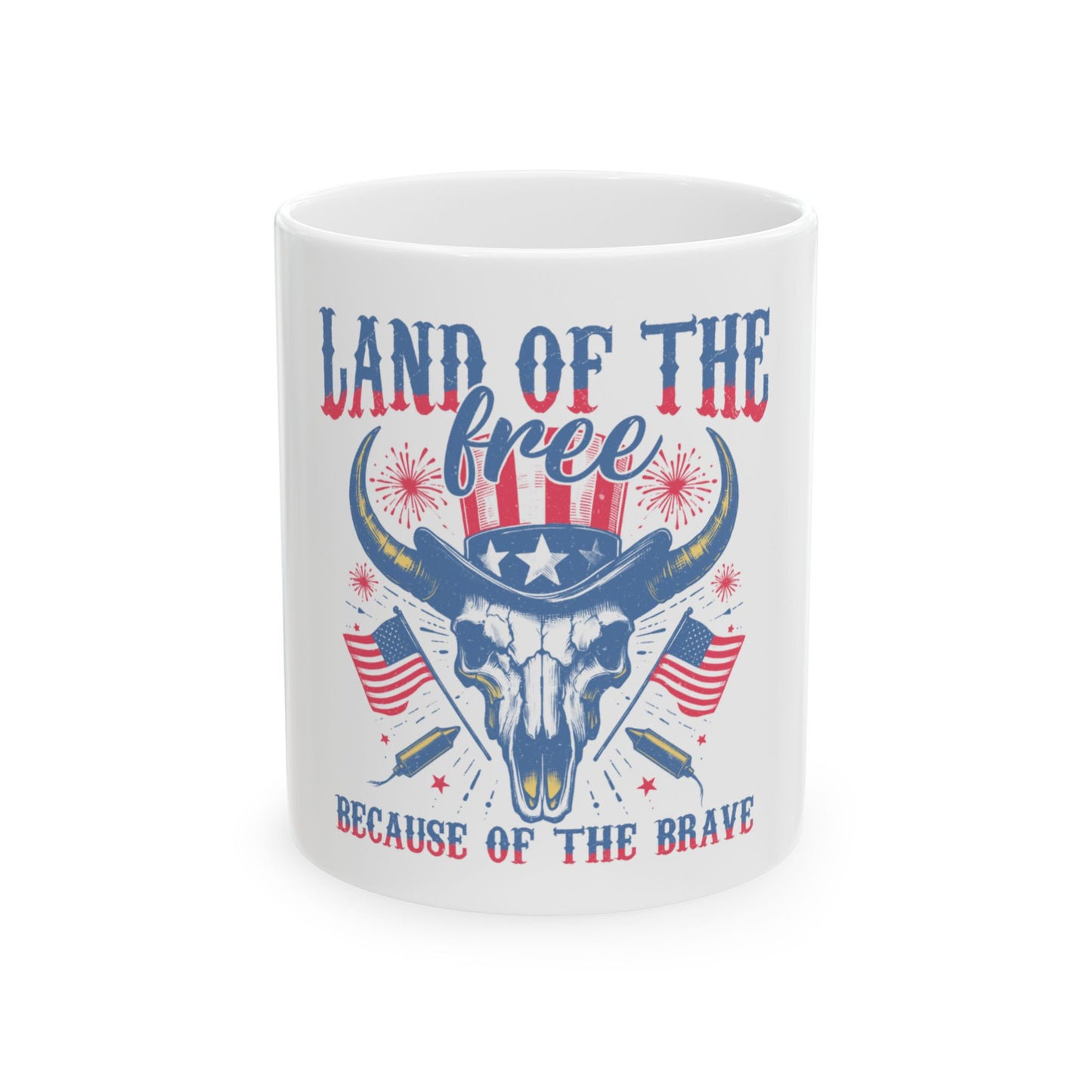 Bull skull with American flags and "Land of the Free Because of the Brave" text.