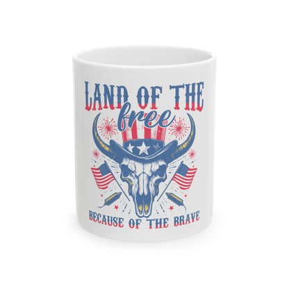 Bull skull with American flags and "Land of the Free Because of the Brave" text.