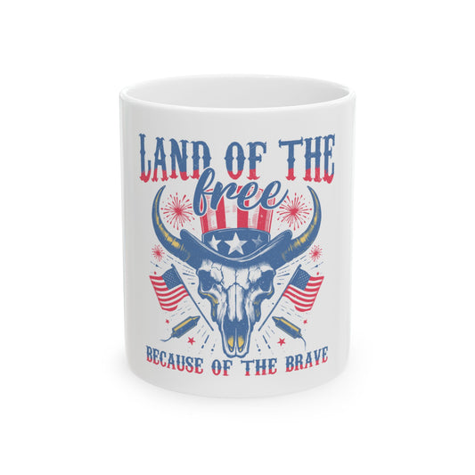 Bull skull with American flags and "Land of the Free Because of the Brave" text.