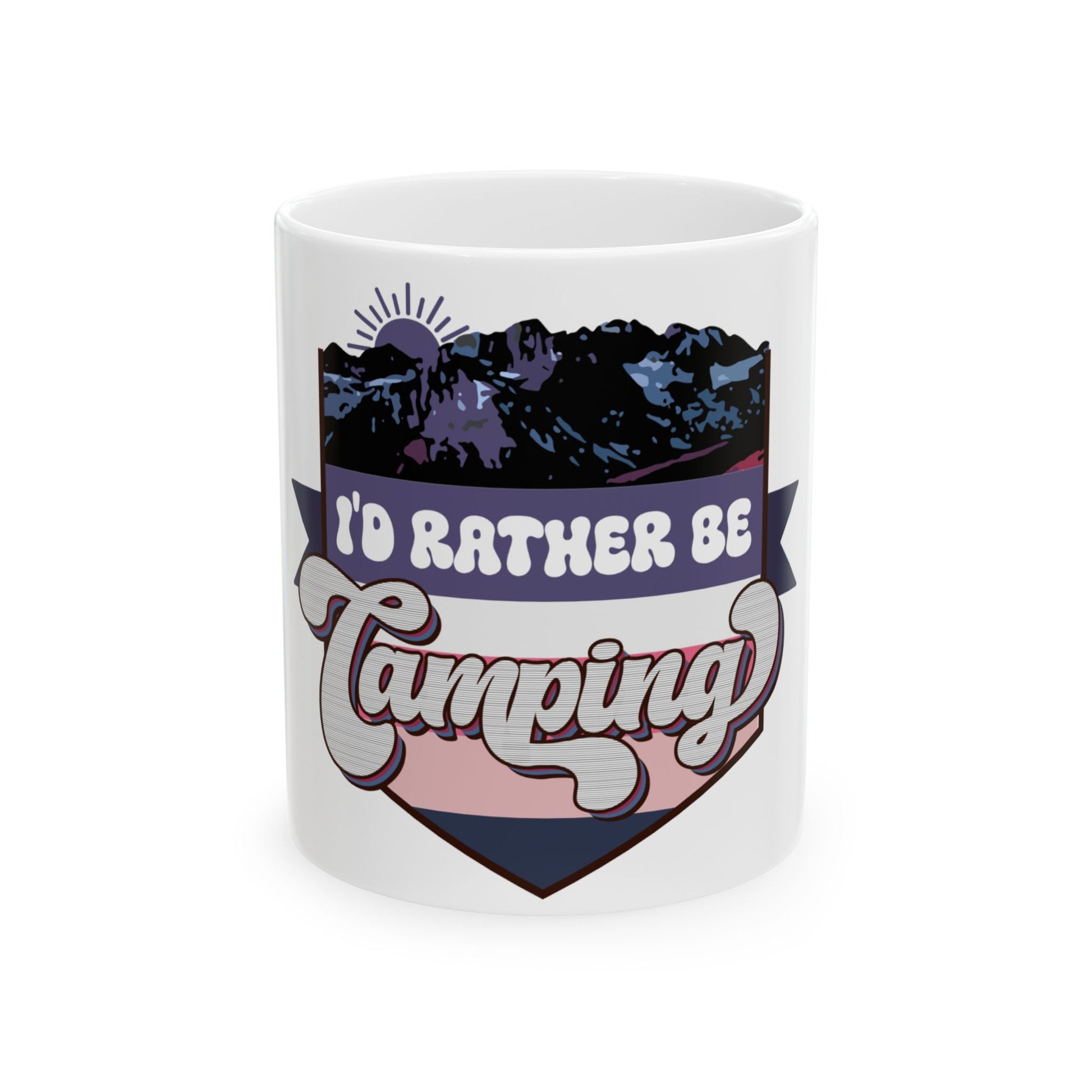 White mug with "I'd Rather Be Camping" text and mountain sunset graphic.