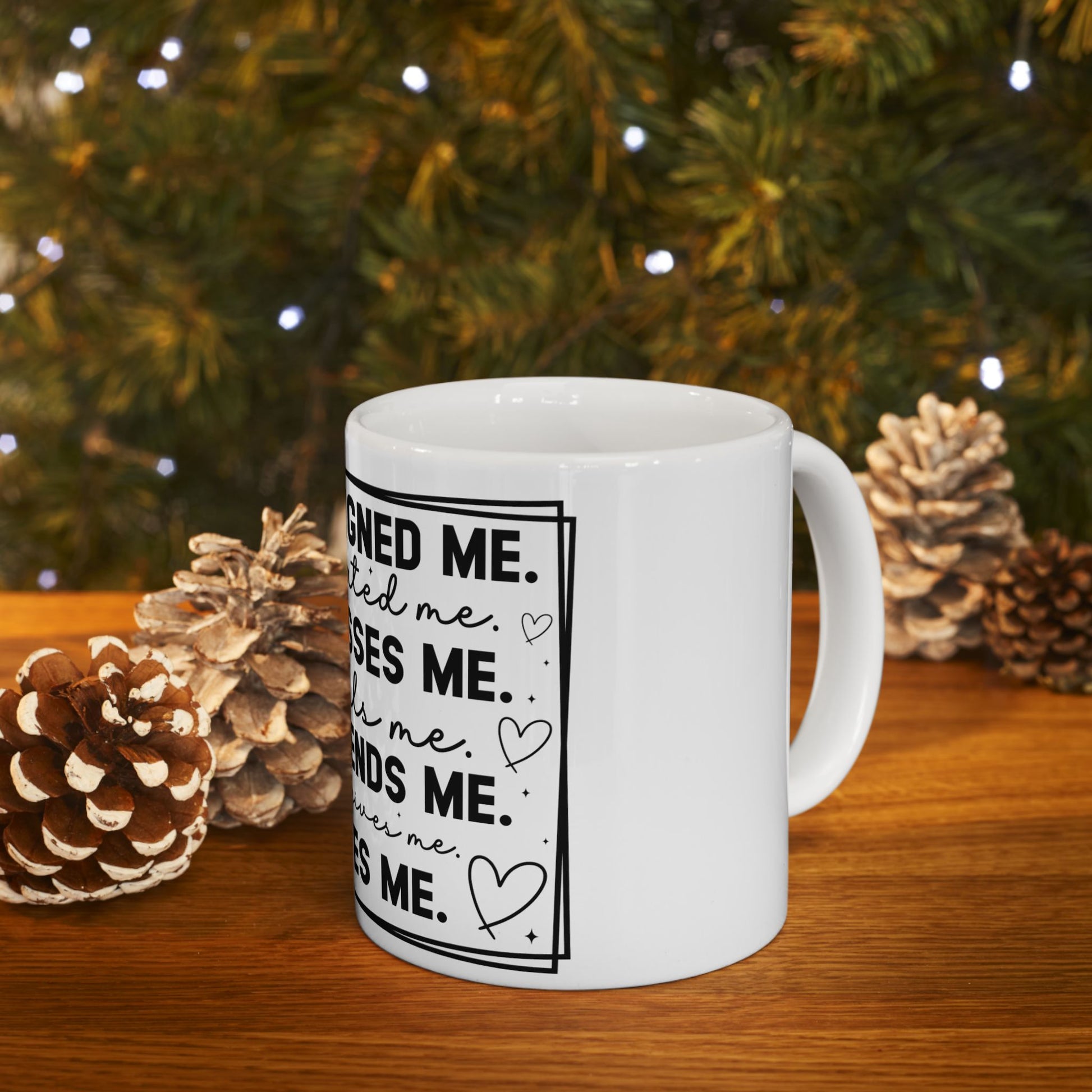 White mug with handwritten text about love and friendship.