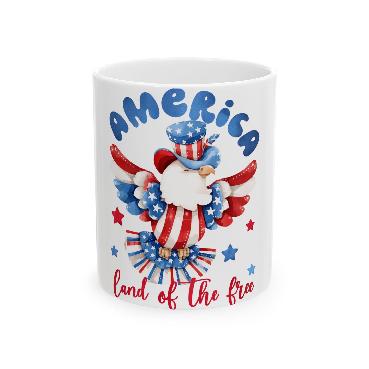 Eagle in patriotic hat and USA flag design on mug, reading "America land of the free".