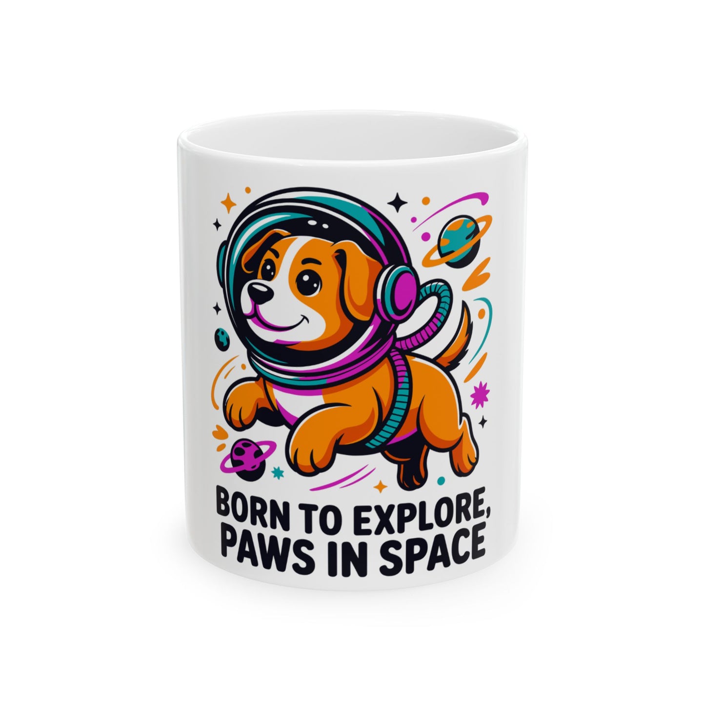 Cartoon dog in astronaut helmet floating in space with planets and text.