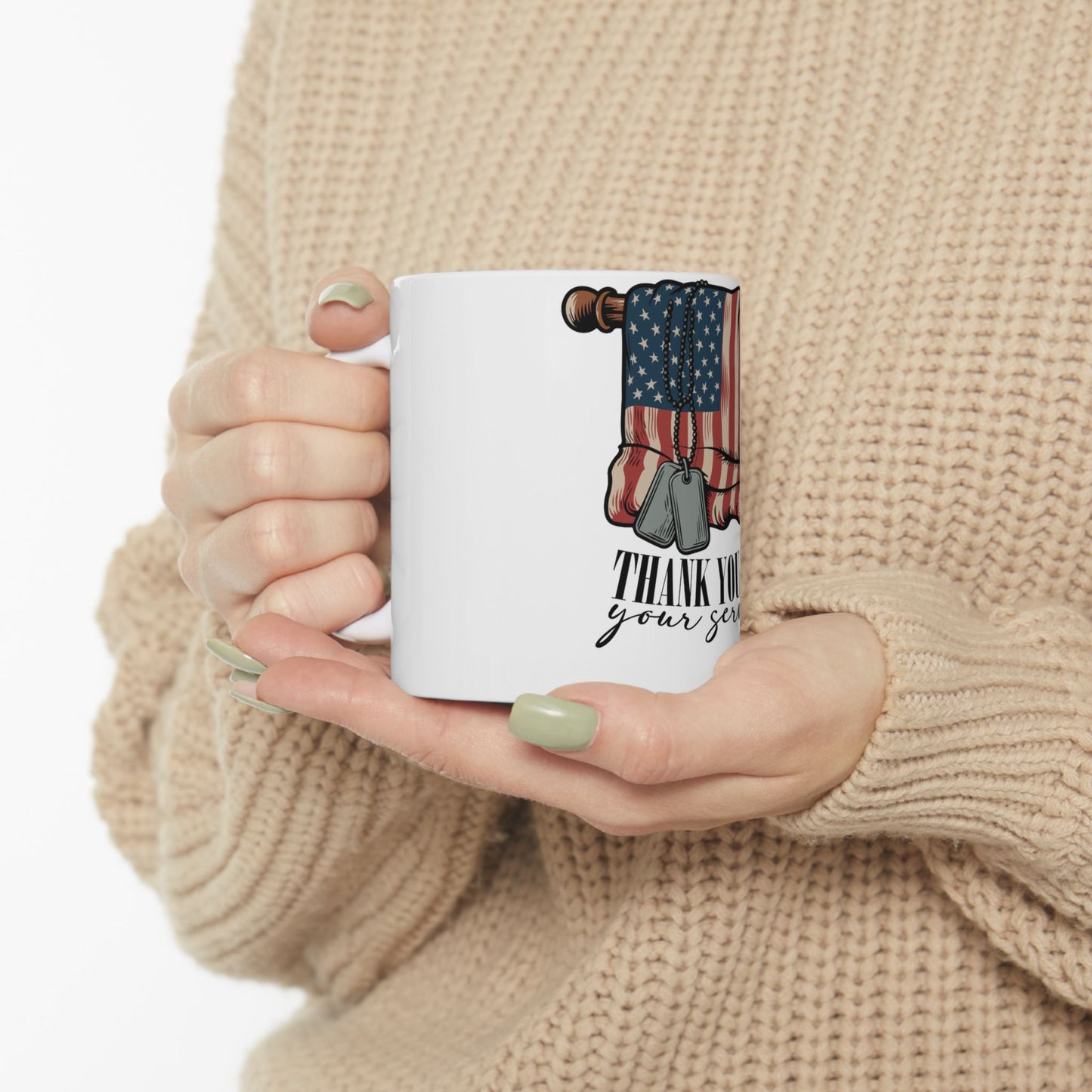 White mug with American flag, dog tags, and "THANK YOU your ser" text.