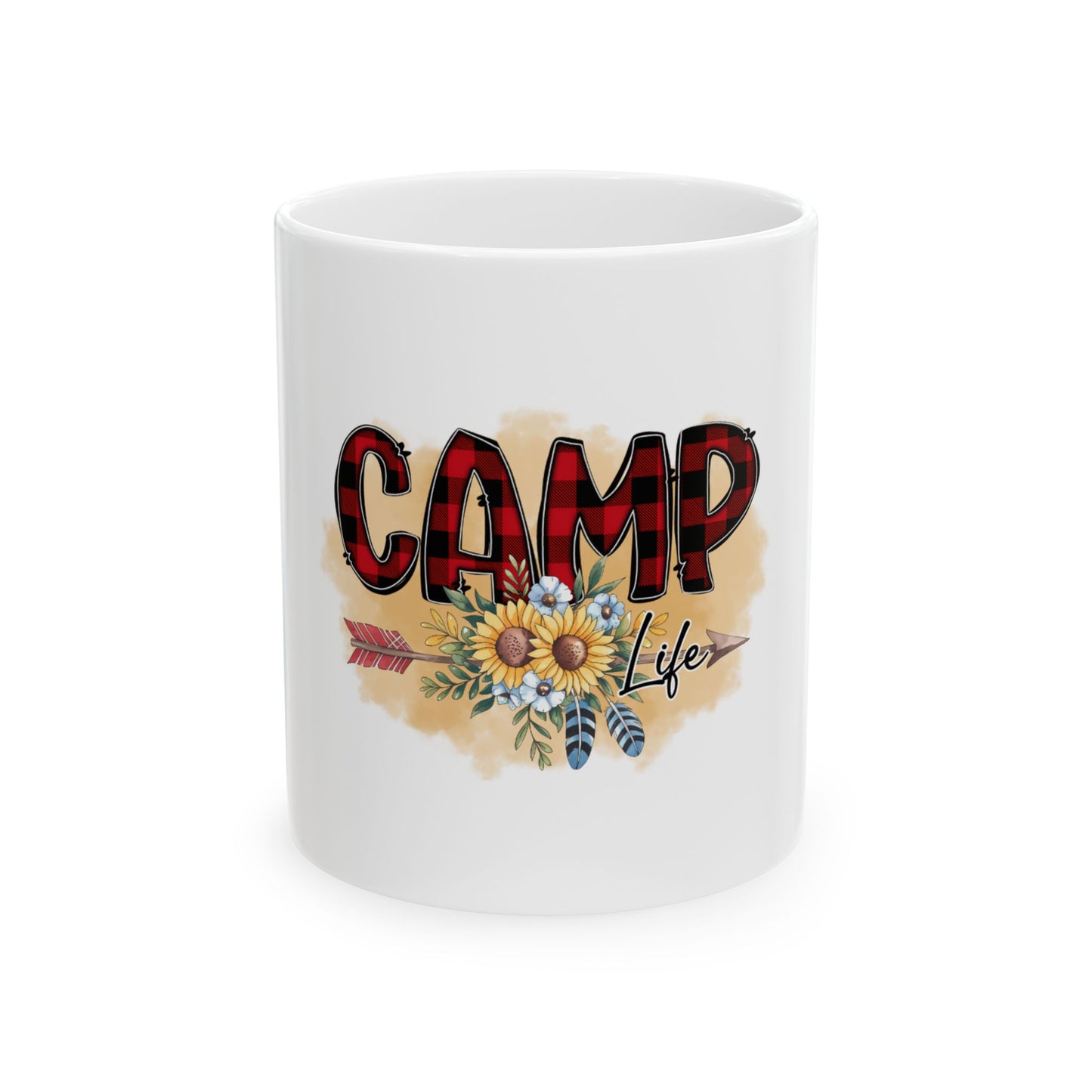 White mug with "CAMP Life" text, sunflowers, feathers, and arrow graphic.