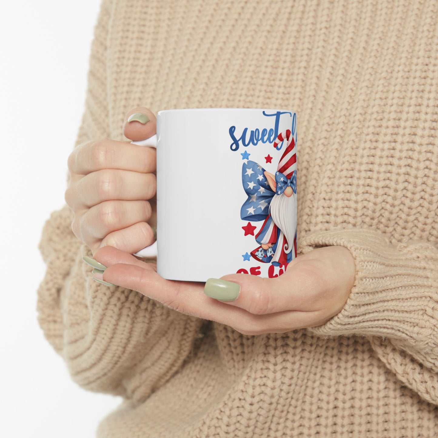 White mug with patriotic gnome and "sweet" text.