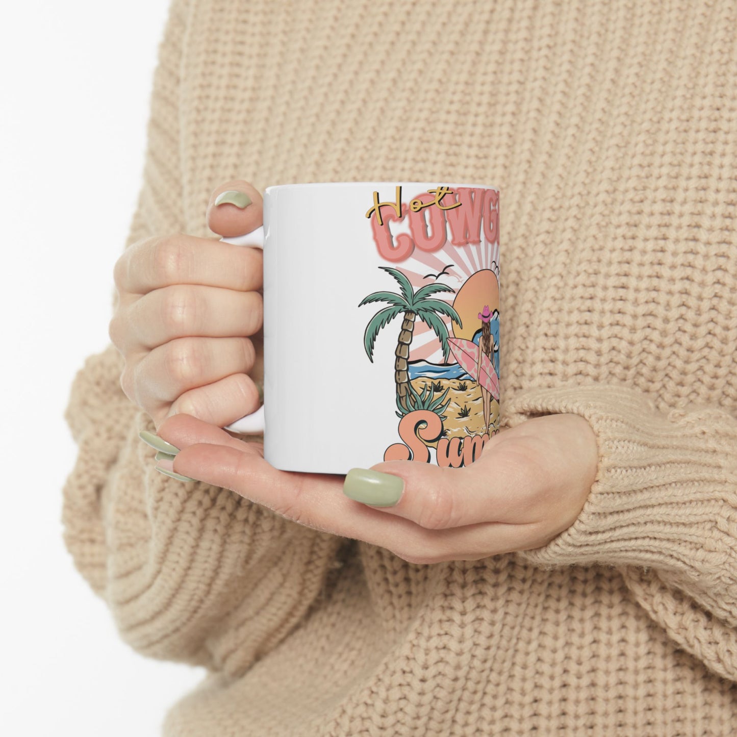 White mug with "Hot Girl Summer" text and tropical beach scene.