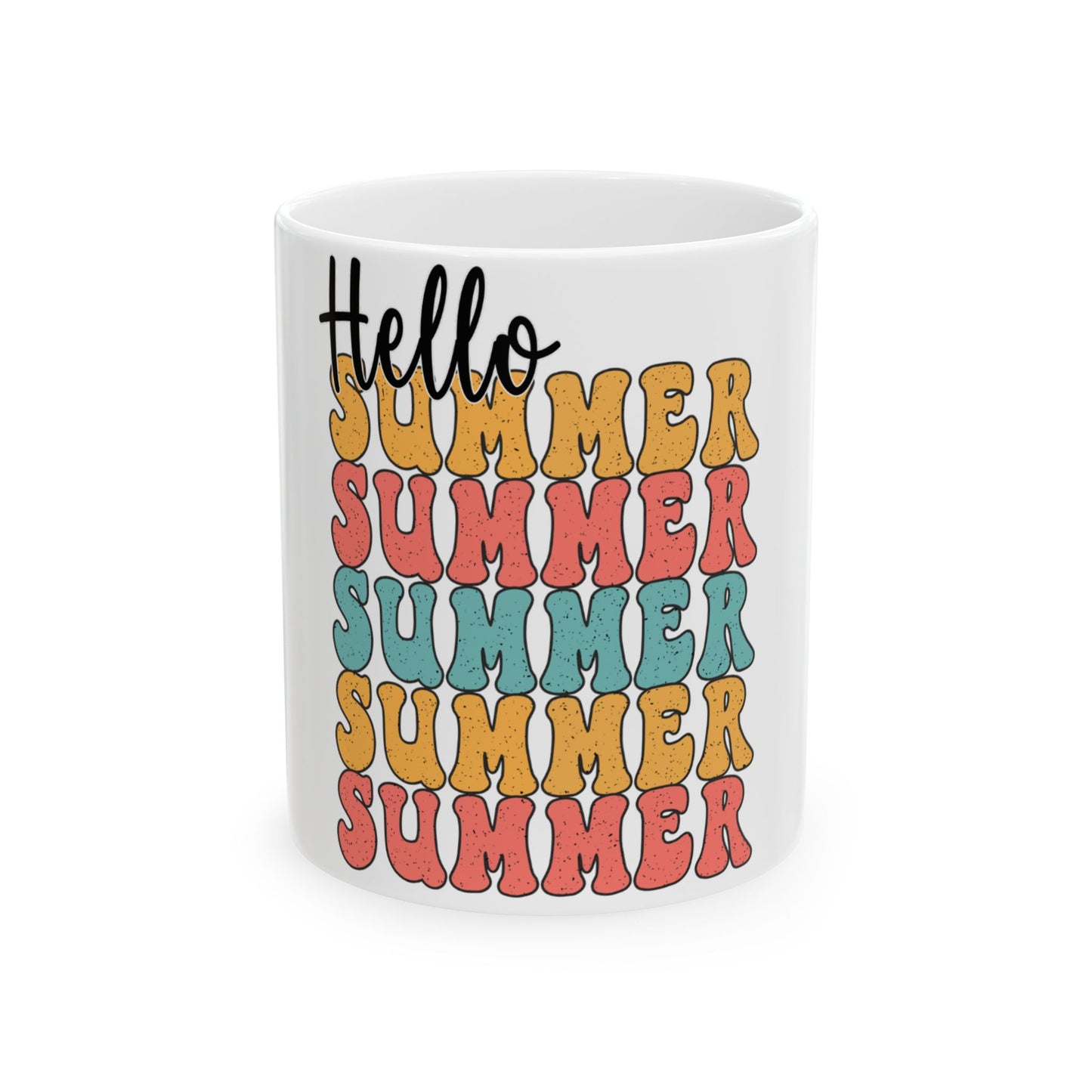 Mug with "Hello Summer" text stacked in retro wavy font.