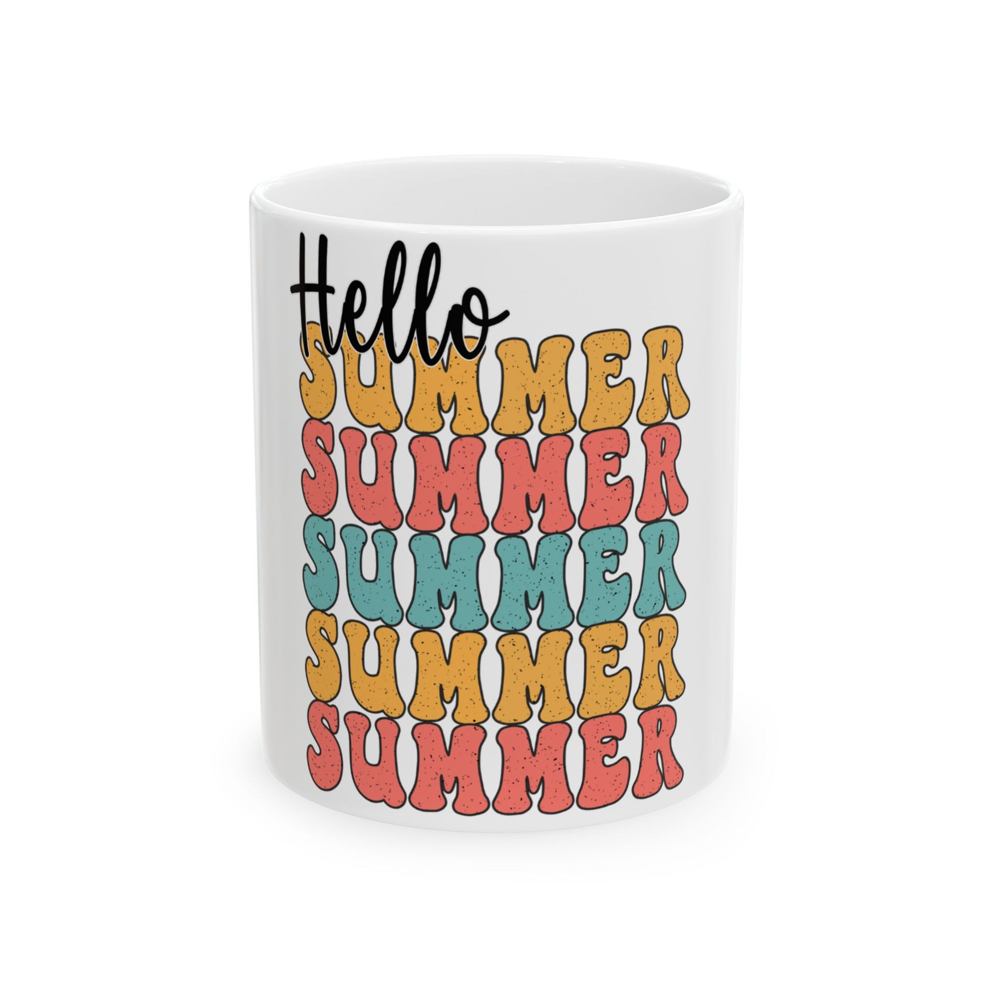 Mug with "Hello Summer" text stacked in retro wavy font.