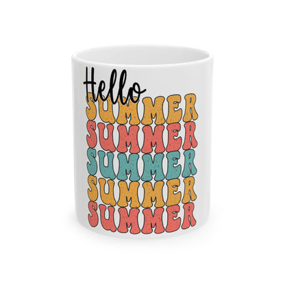 Mug with "Hello Summer" text stacked in retro wavy font.