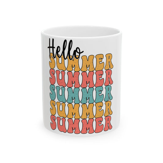 Mug with "Hello Summer" text stacked in retro wavy font.