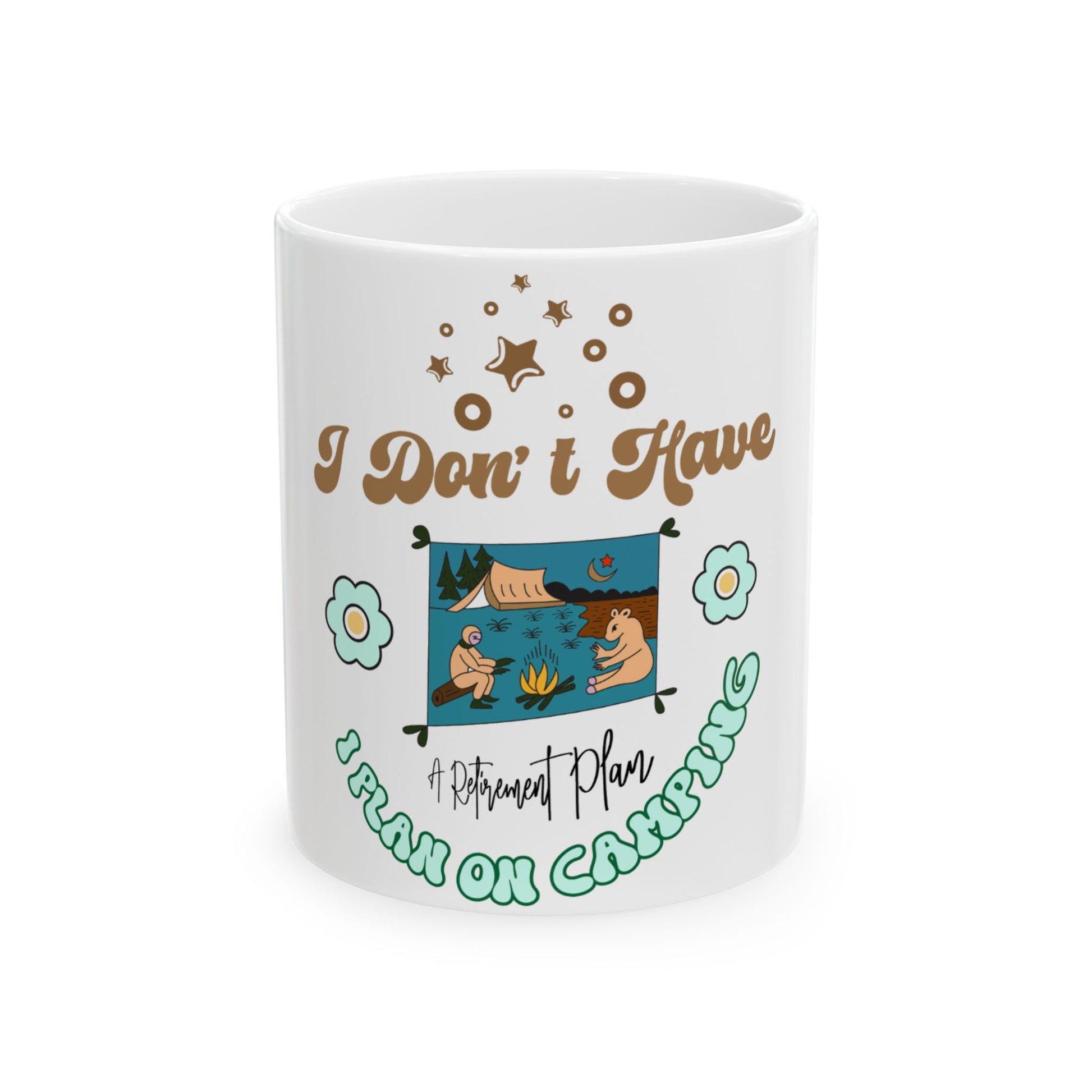 Mug with "I Don't Have a Plan On Camping" text and cartoon camping scene.