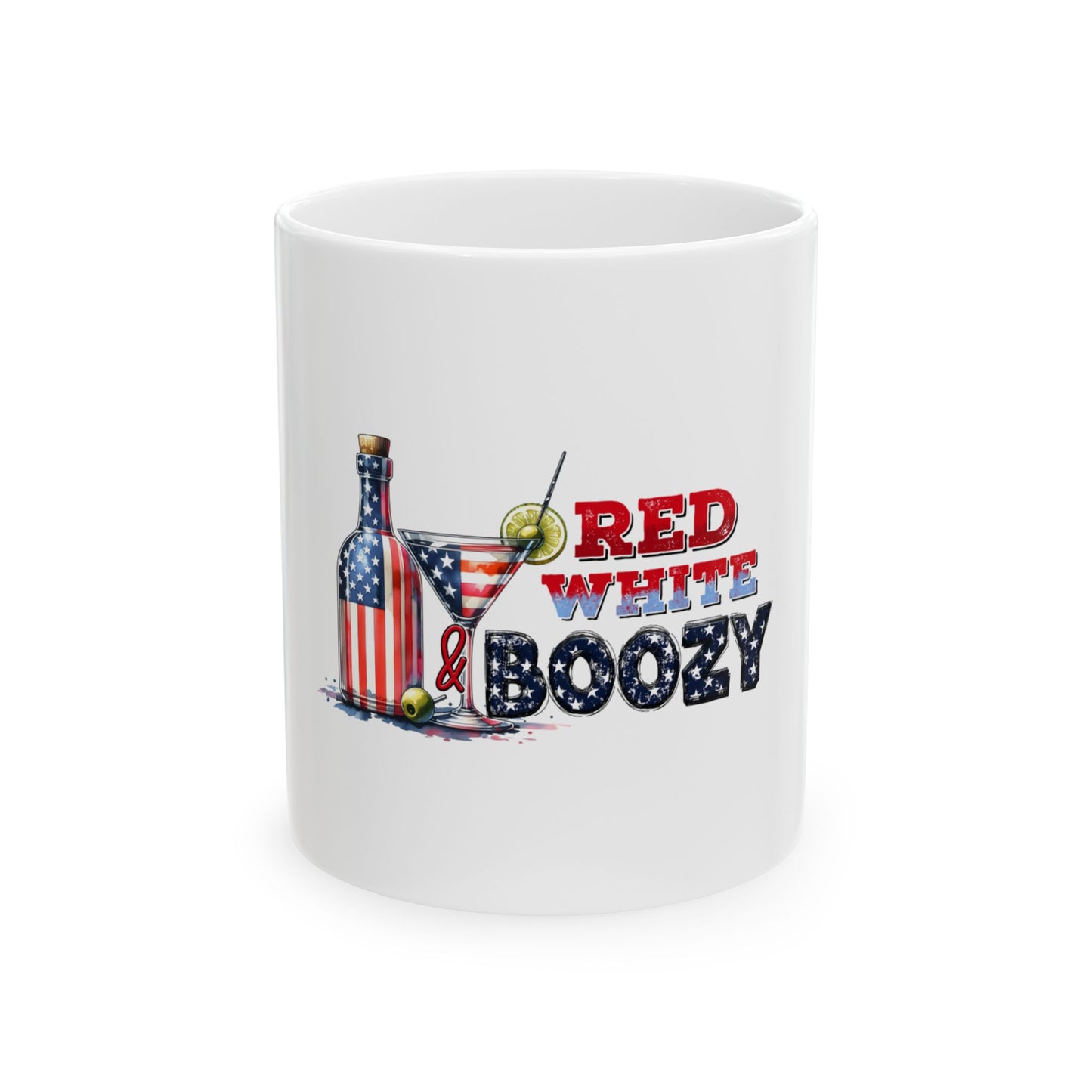 Red White & Boozy mug with patriotic cocktail and bottle graphic.