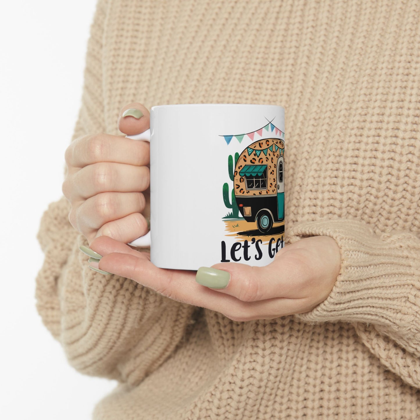 White mug with caravan, cactus, and "Let's Go" text design.