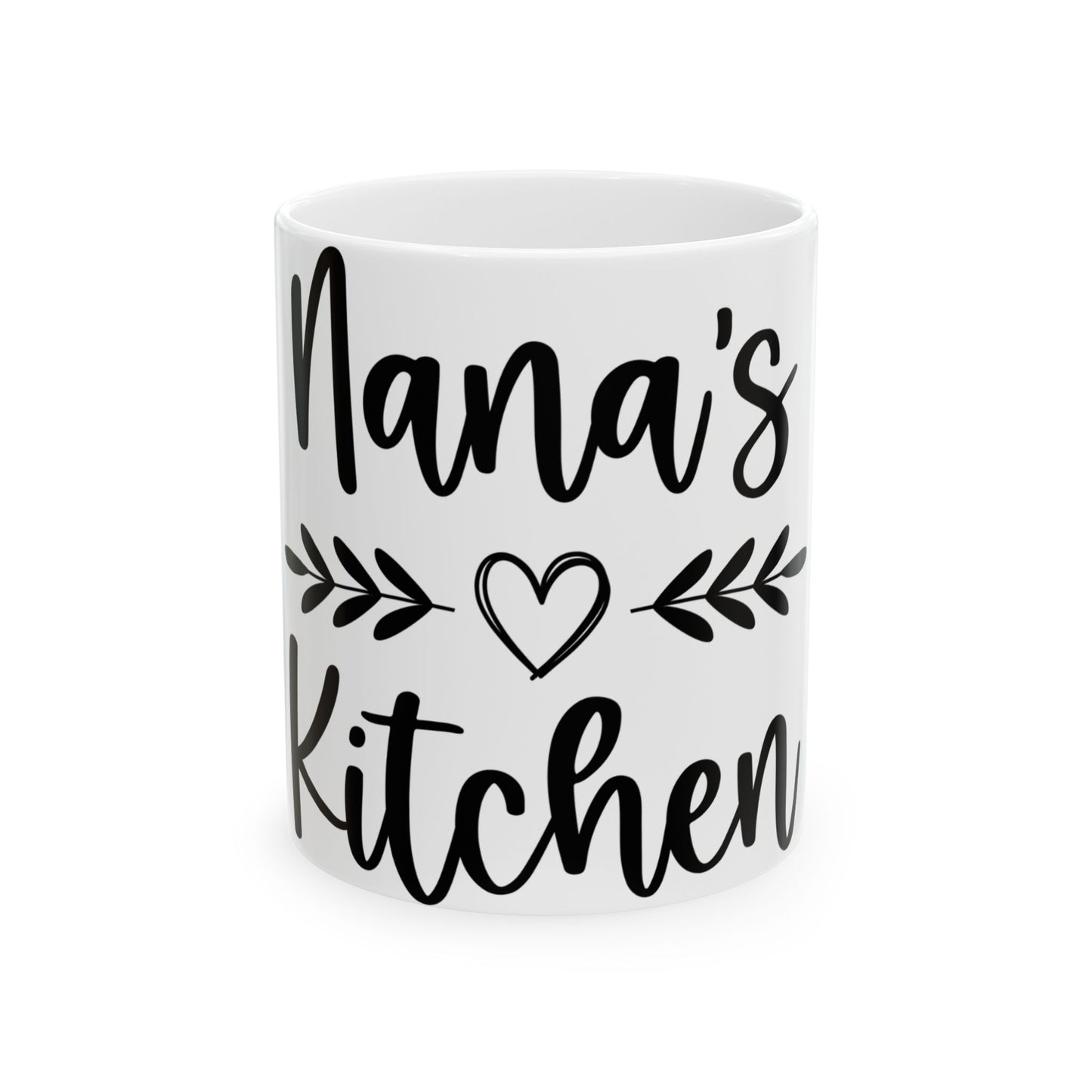 White mug with "Nana's Kitchen" and a heart in black lettering.