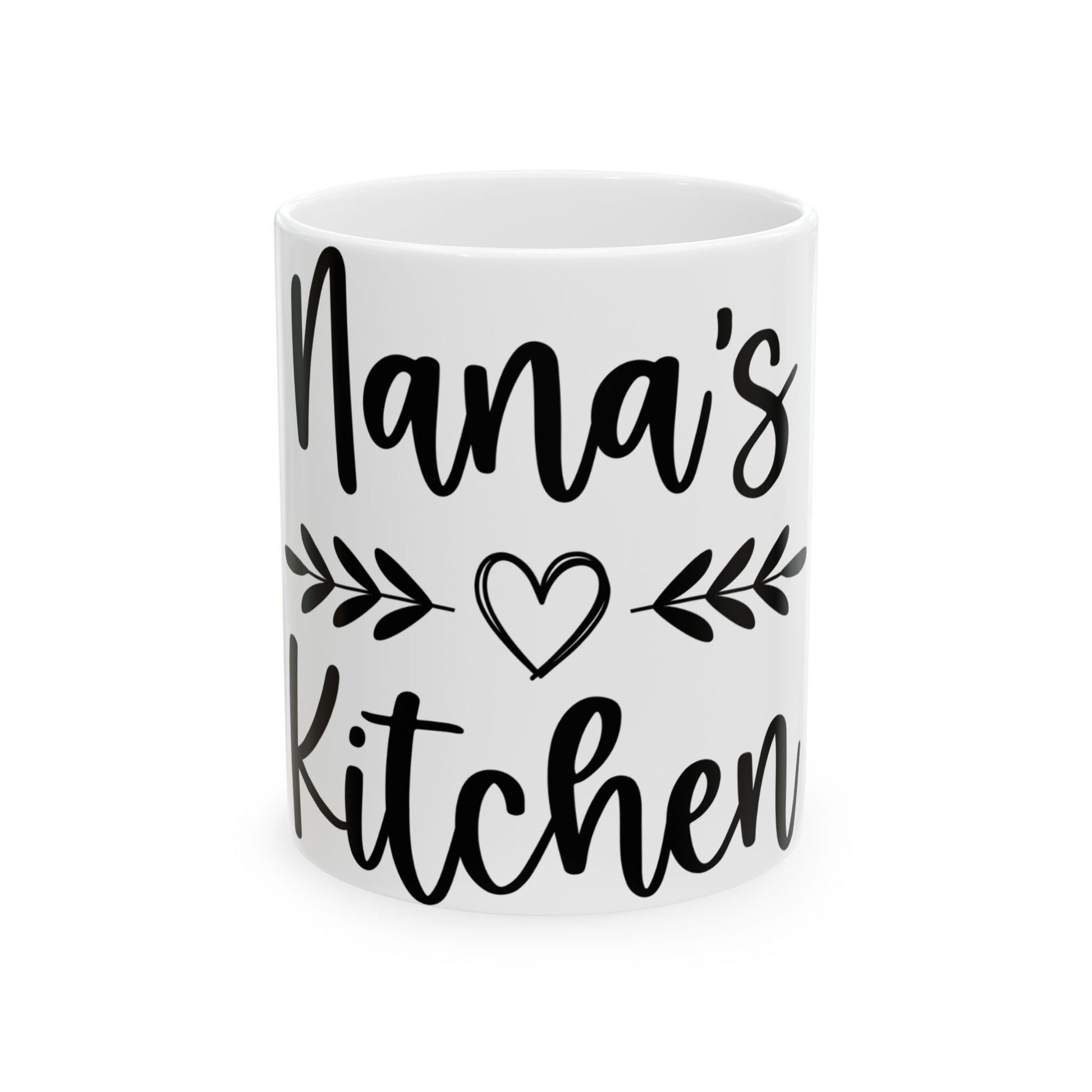 White mug with "Nana's Kitchen" and a heart in black lettering.