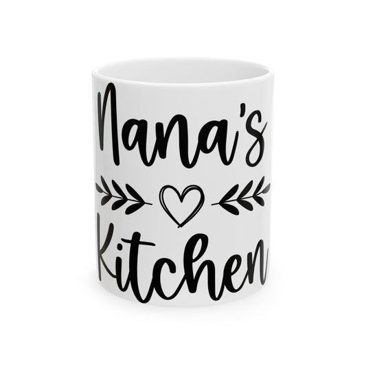 White mug with "Nana's Kitchen" and a heart in black lettering.