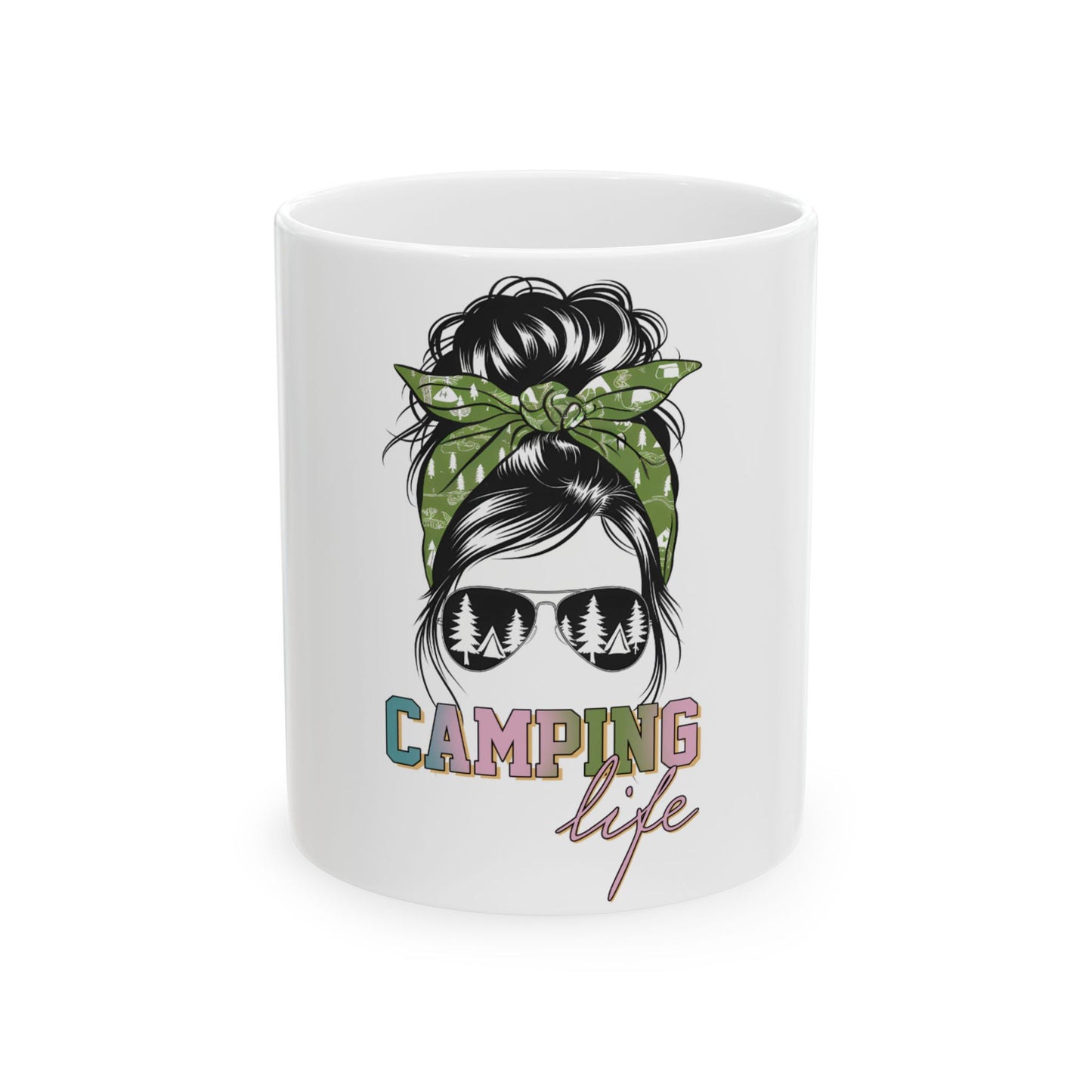 White mug with messy bun, sunglasses, and "CAMPING life" text.