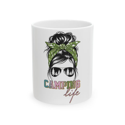 White mug with messy bun, sunglasses, and "CAMPING life" text.
