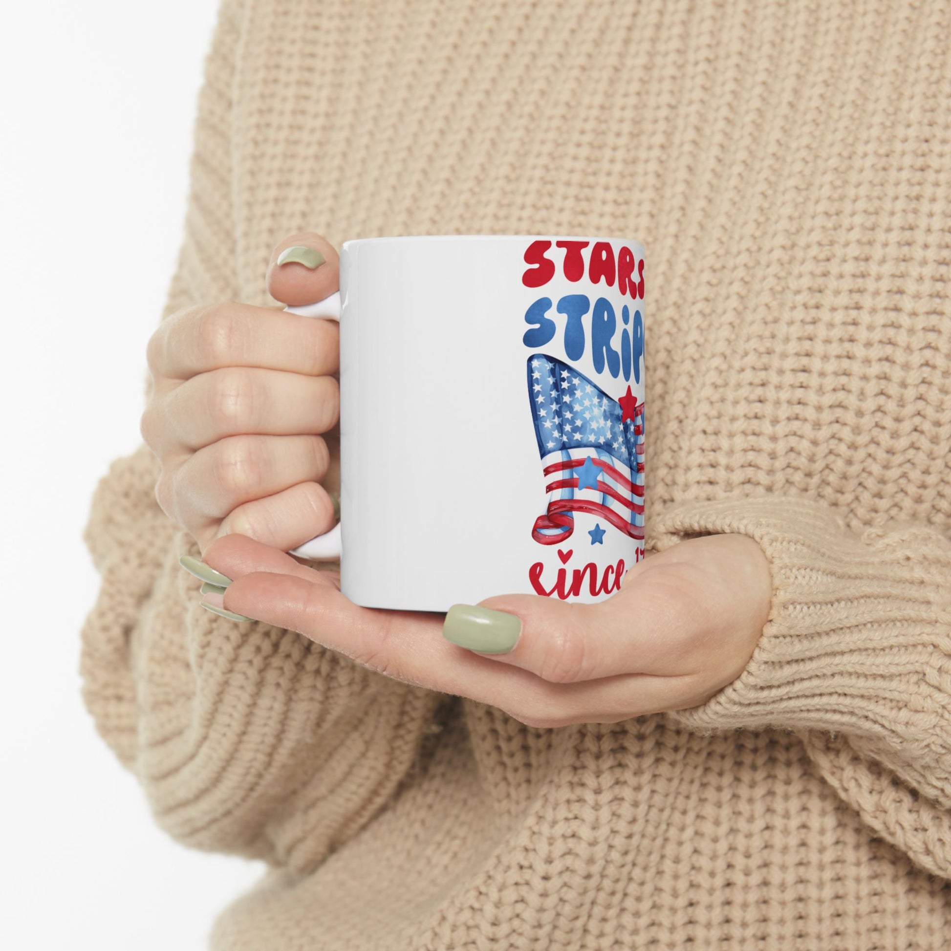 White mug with "Stars Stripes" and American flag boot design.