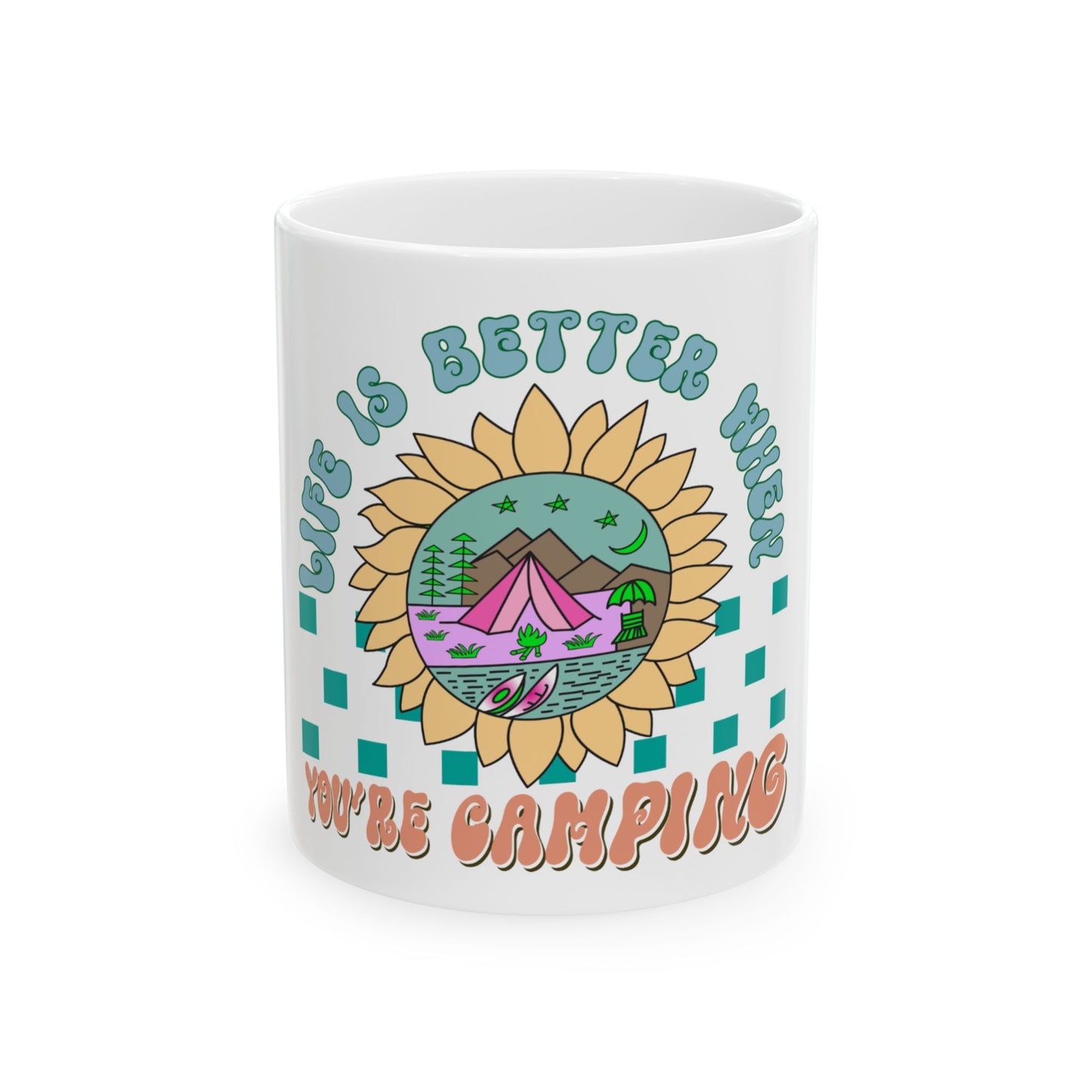 Mug with sunflower graphic and "Life is Better When You're Camping" text.