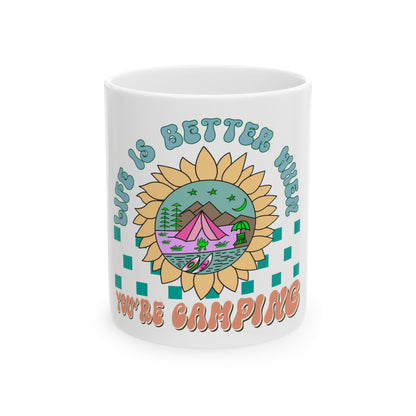 Mug with sunflower graphic and "Life is Better When You're Camping" text.