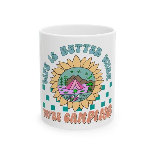 Mug with sunflower graphic and "Life is Better When You're Camping" text.