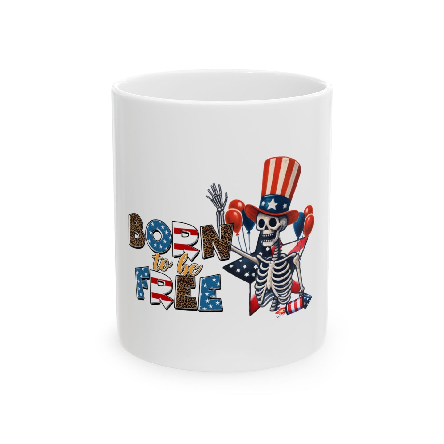 Skeleton wearing patriotic hat and holding balloons on a white mug.