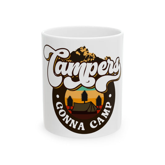 Campers Gonna Camp logo with tent and trees on a mug.